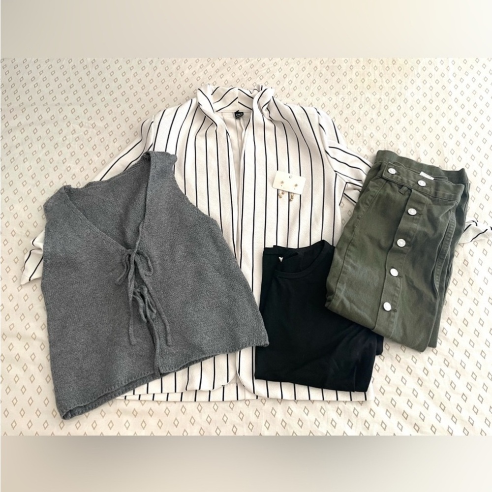 SHEIN Olive Button-Front Skirt with Grey Knit Vest and Striped Shirt